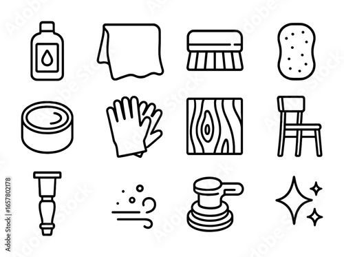 Wood Care Icons Grid. Outline icon set of wood furniture care: polish bottle, cloth, brush, sponge, wax,
