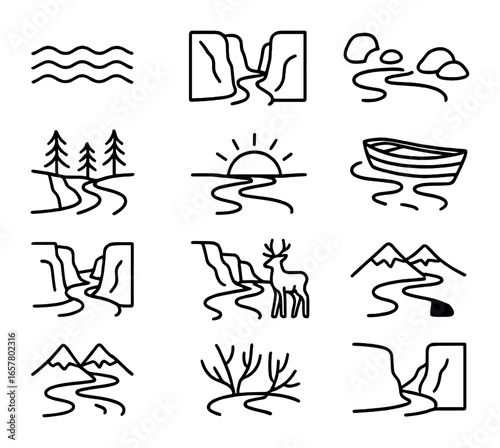 River Canyon Icons. Outline icon set of winding river and canyon views: river waves, steep canyon sides, river