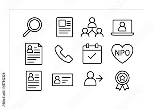 Non-Profit Job Icons. Outline icon set of non-profit job search: magnifying glass, job ad, networking event,