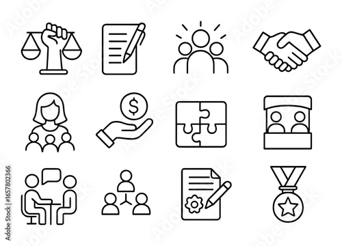 Non-Profit Icon Set. Outline icon set of non-profit job exploration: social justice, grant writing, community