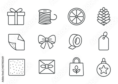 Sustainable Gift Wrap Icons. Outline icon set of sustainable holiday gift-wrapping ideas: recycled paper, jute