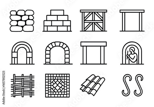 Ancient Building Techniques Icons. Outline icon set of ancient building techniques: dry stone wall, mudbrick
