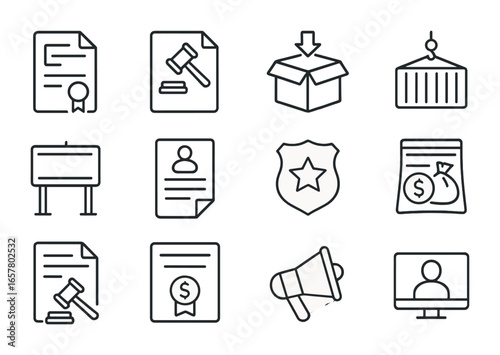 IP Enforcement Icons. Outline icon set of IP enforcement actions: cease and desist letter, raid warrant,