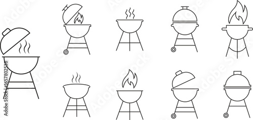 Grill icons set in line styles. Barbecue collection and outdoor cooking group. BBQ symbol, fire pit, roasting rack, summer picnic, meat roasting, and smoke grill vector illustration.