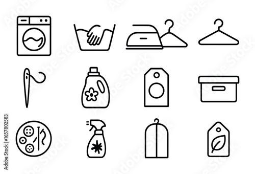 Garment Care Icons. Outline icon set of garment care for longevity: washing machine, hand wash symbol, iron,