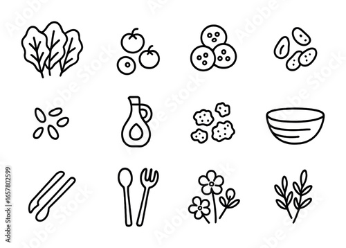 Salad Icon Set. Outline icon set of salad styling: leafy greens, cherry tomatoes, cucumber slices, nuts, seeds