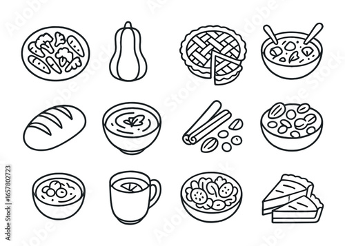 Autumn Harvest Feast Icons. Outline icon set of autumn harvest meals: roasted vegetables, butternut squash,