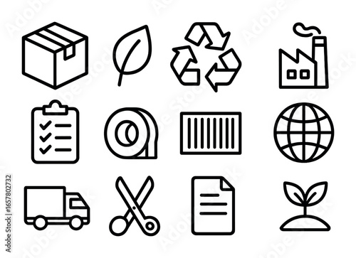 Eco Packaging Icons. Outline icon set of eco-friendly packaging solutions: box, leaf, recycle arrows, factory,
