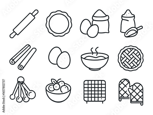Pie-Making Essentials Grid. Outline icon set of pie-making tools and ingredients: rolling pin, pie crust,