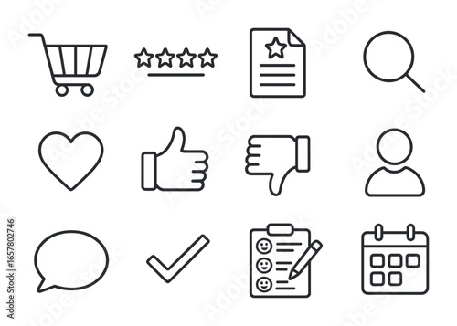 Product Review Icons. Outline icon set of product reviews: shopping cart, star rating, review document,