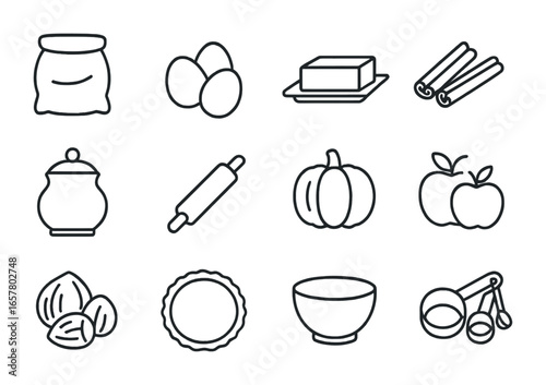 Seasonal Baking Icons. Outline icon set of seasonal baking ingredients: flour sack, eggs, butter stick,