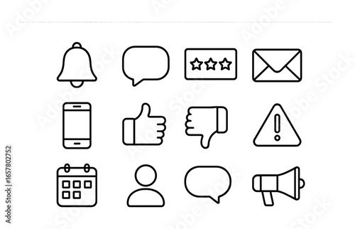 Review Notification Icons. Outline icon set of review notifications: bell icon, chat bubble, star rating,