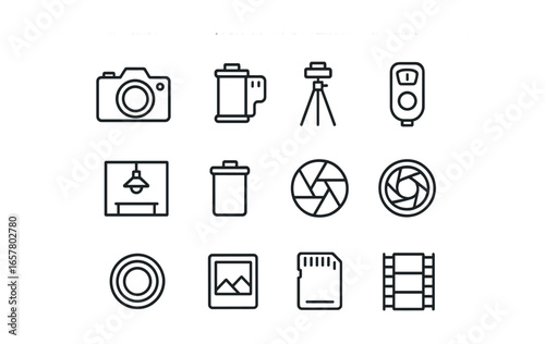 Film Photography Icons. Outline icon set of film photography: film camera, roll of film, tripod, light meter,