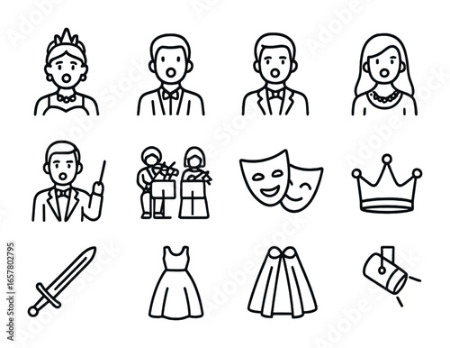 Opera Role Icon Set. Outline icon set of opera famous roles: diva, tenor, baritone, soprano, conductor,