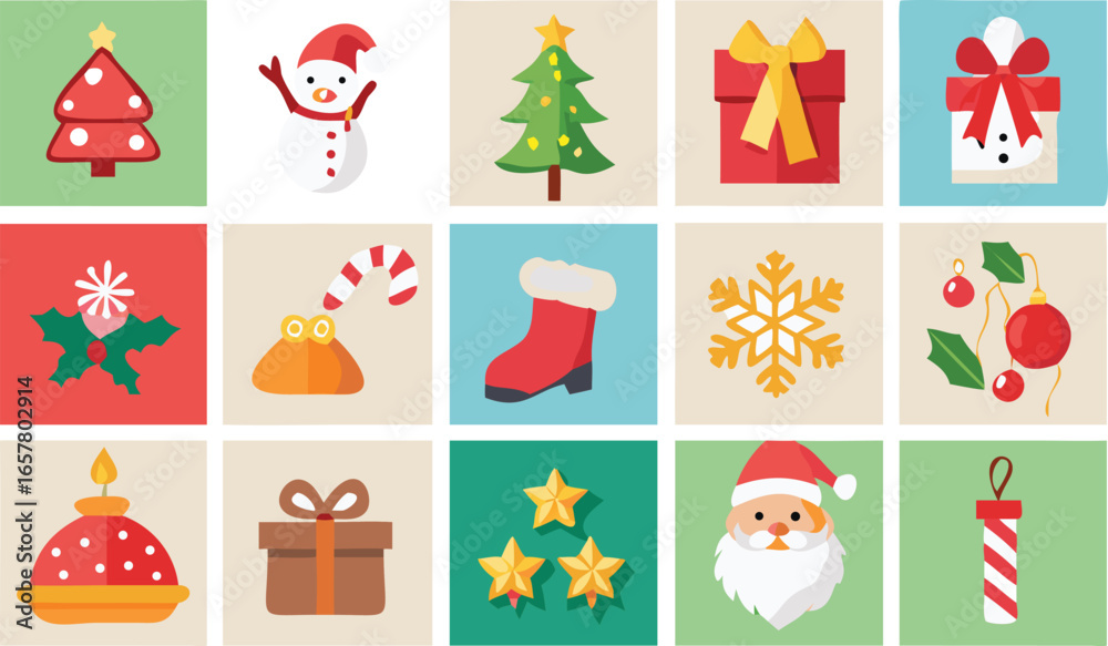 Fototapeta premium Festive Christmas Icons Collection Holiday Season Flat Vector Design Elements