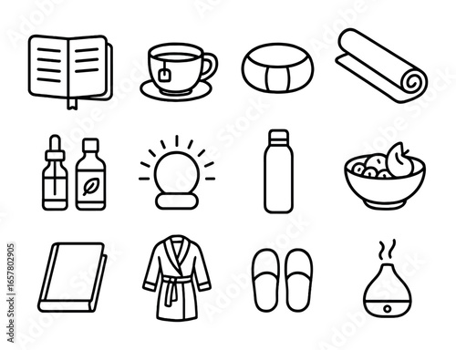 Mindful Morning Icons. Outline icon set of mindful morning routine: journal, herbal tea, meditation cushion,