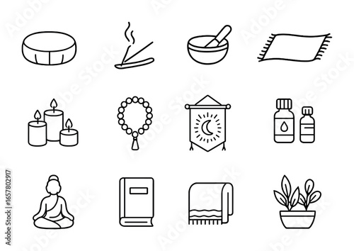 Meditation Icon Set. Outline icon set of home meditation space: meditation cushion, incense, sound bowl, soft