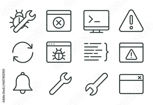 Software Troubleshooting Icons. Outline icon set of software troubleshooting: bug fix, error message, debug