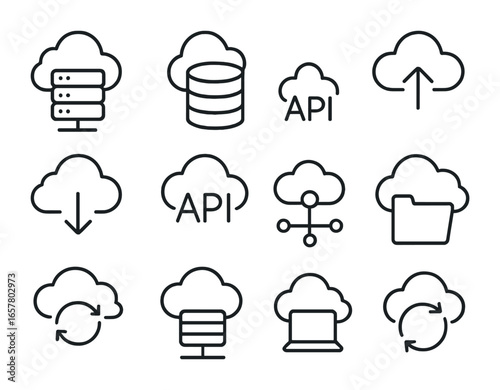 Cloud Technology Icons. Outline icon set of cloud technology: server, database, upload, download, API, cloud