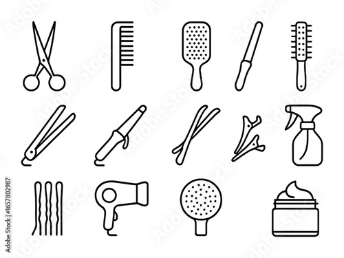 Women's Haircut Tool Icons. Outline icon set of women’s haircut tools: long blade scissors, styling comb,