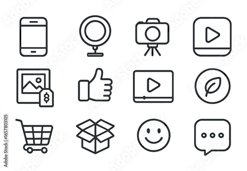 Influencer Culture Icons. Outline icon set of influencer culture: smartphone, selfie ring light, camera tripod