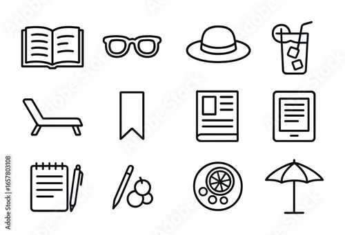 Poolside Reading Icons. Outline icon set of poolside reading: open book, sunglasses, straw hat, iced tea,