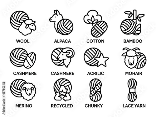 Yarn Types Icons. Outline icon set of yarn types: wool yarn, alpaca yarn, cotton yarn, bamboo yarn, silk yarn,