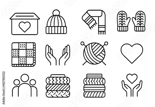 Knitting Charity Icons. Outline icon set of knitting for charity: donation box, knitted hat, warm scarf,
