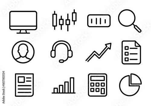 Stock Market Icons. Outline icon set of stock market monitoring: computer screen, candlestick chart, stock