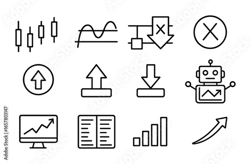 Trading Strategies Icon Set. Outline icon set of trading strategies: candlestick chart, moving average lines,