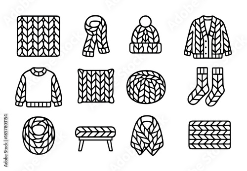 Chunky Knit Icon Set. Outline icon set of chunky knit items: oversized blanket, thick scarf, giant hat, chunky
