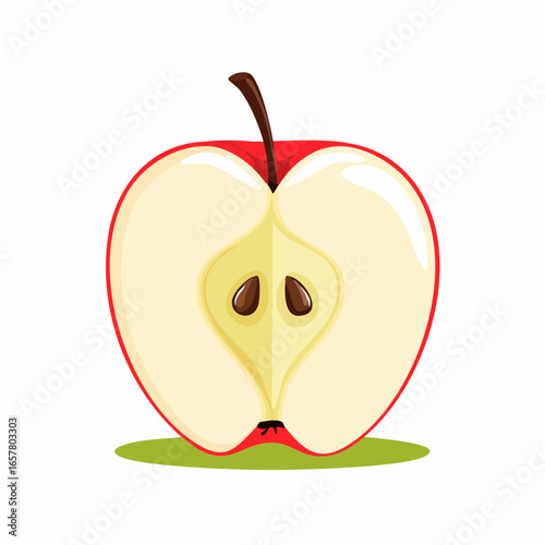 Illustration of a halved red apple with seeds and a stem on a white background.