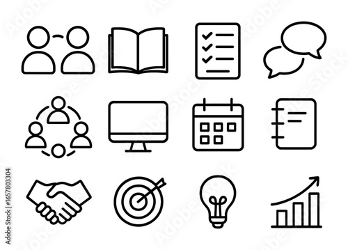 Peer Learning Icons. Outline icon set of peer-to-peer learning: two people talking, open book, checklist,