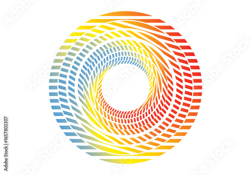 Vector background of rotating elliptical 3D shapes, consisting of a pattern of squares and wavy lines with colorful gradations.