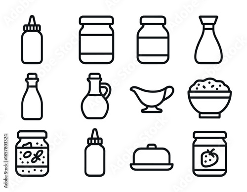 Sauce Icon Set. Outline icon set of sauce and condiments: ketchup bottle, mustard jar, mayonnaise jar, soy