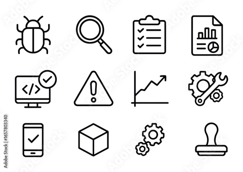Software Testing Icons. Outline icon set of software testing: bug icon, magnifying glass, test checklist,
