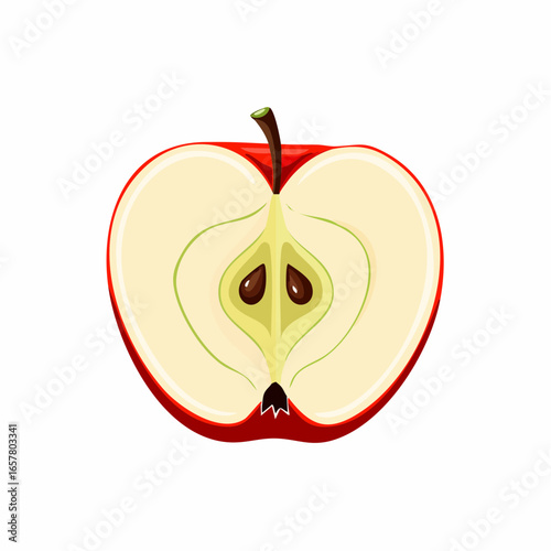 A vibrant, cartoon-style illustration of a halved red apple, showcasing its core and seeds.