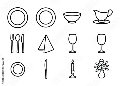 Elegant Table Setting Icons. Outline icon set of elegant table setting: charger plate, dinner plate, soup bowl