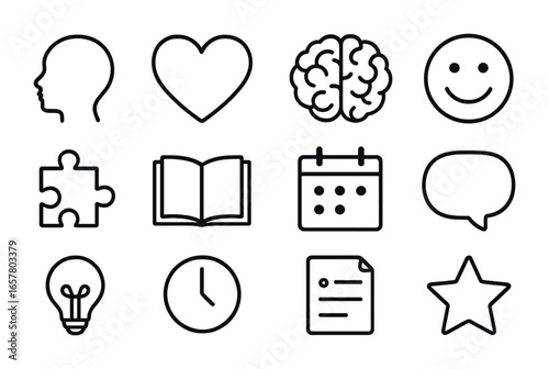 Youth Mental Health Icons. Outline icon set of youth mental health: child silhouette, heart, brain, smile face