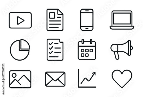 Content Marketing Icons. Outline icon set of content marketing: video play icon, blog icon, mobile app, laptop