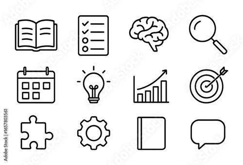 Learning Strategy Icons. Outline icon set of learning strategies: open book, checklist, brain, magnifying