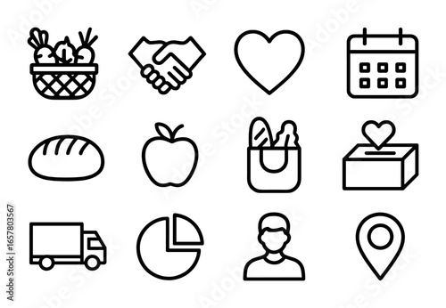 Community Food Icons. Outline icon set of community food sharing: basket of produce, handshake, heart,
