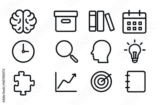 Memory Icon Set. Outline icon set of long-term memory: brain, archive box, bookshelf, calendar, clock,
