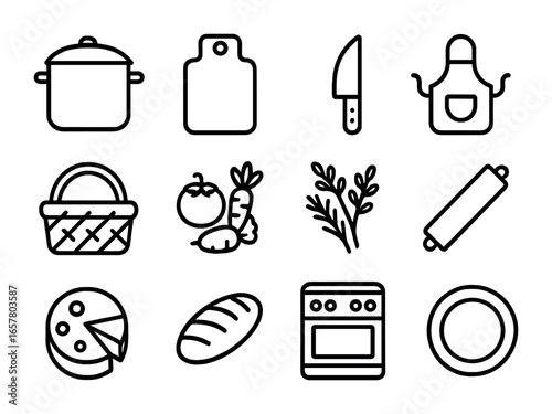 Rural Cooking Icon Set. Outline icon set of rural cooking classes: pot, cutting board, knife, apron, basket,