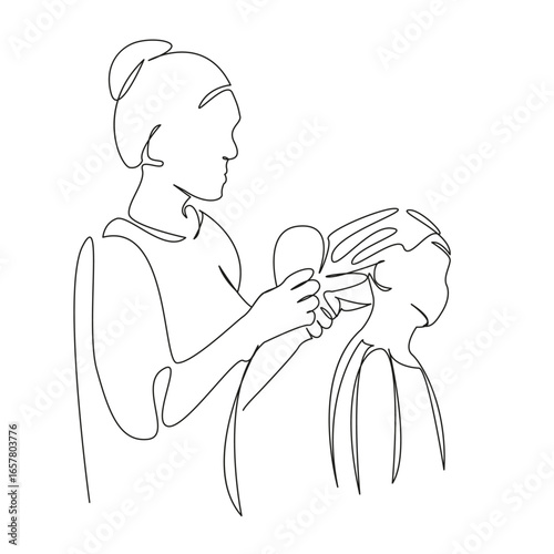One continuous single drawing line art flat doodle mother, child, daughter, family, hair, girl, combing, care. Isolated image hand draw contour on a white background, hand drawn, not AI