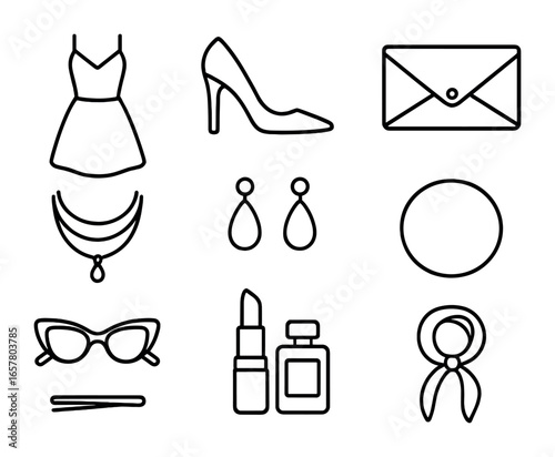 Summer Evening Icons. Outline icon set of rooftop summer evening looks: cocktail dress, high heels, clutch bag