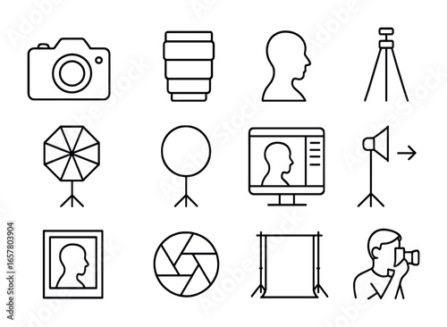 Studio Icons Grid. Outline icon set of studio black and white portraits: camera, lens, portrait silhouette,