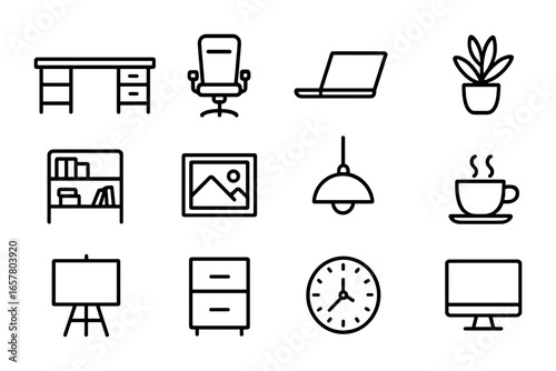 Executive Office Icons. Outline icon set of executive office setups: large desk, leather chair, laptop, potted