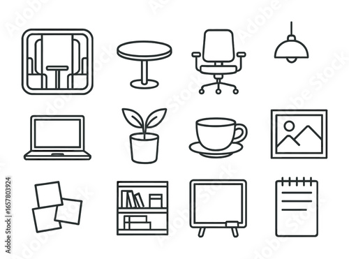 Stylish Meeting Pod Icons. Outline icon set of stylish meeting pods: enclosed pod, round table, office chairs,