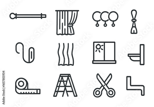 Home Decor Icons. Outline icon set of home decor with sheer curtains: curtain rod, drapery panel, curtain